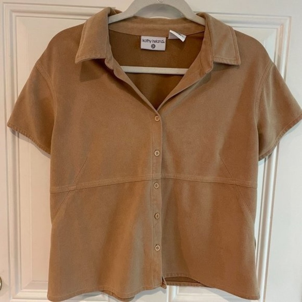 Vintage Kathy Ireland Faux Suede Button Down Shirt, Soft Tan Festival Size L